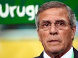 Uruguay coach Oscar Tabarez sits in the dugout on June 20, 2013.