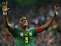 Cameroon's forward Samuel Eto'o celebrates after scoring during the friendly football match Germany vs Cameroon in preparation for the FIFA World Cup 2014 on June 1, 2014