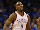 Serge Ibaka #9 of the Oklahoma City Thunder runs up the court after a play against the San Antonio Spurs during Game Three of the Western Conference Finals on May 25, 2014