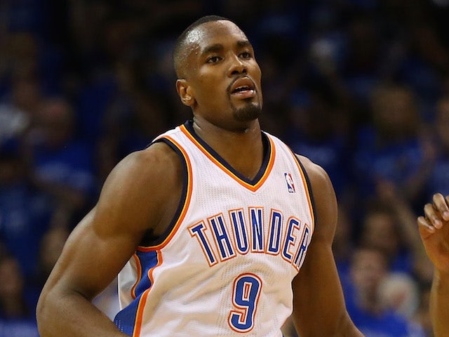 Serge Ibaka #9 of the Oklahoma City Thunder runs up the court after a play against the San Antonio Spurs during Game Three of the Western Conference Finals on May 25, 2014
