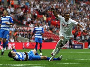 Scott Sinclair of Swansea scores the second goal of the game during the npower Championship Playoff Final between Reading and Swansea City at Wembley Stadium on May 30, 2011