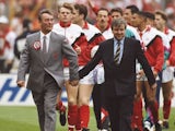 Terry Venables joyfully holding hands with Brian Clough in 1991