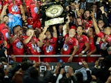 Jonny Wilkinson, Captain of Toulon raises the trophy after Toulon wins the Top 14 Final between Toulon and Castres Olympique at Stade de France on May 31, 2014