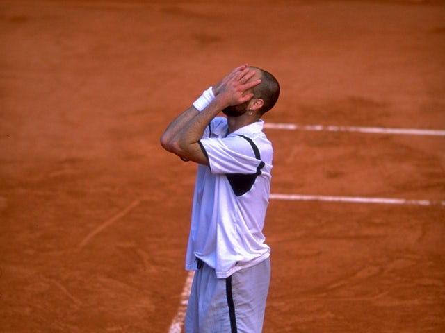 Andre Agassi of the United States celebrates victory during the 1999 French Open Final match against Andrei Medvedev on June 6, 1999
