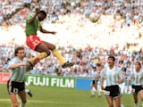 Cameroon's Francois Omam-Biyick's heads in the winning goal against Argentina on June 08, 1990.