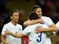 Gary Cahill is congratulated by Leighton Baines after he scores for England against Peru on May 30, 2014.