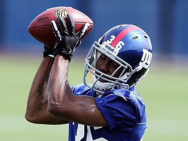 Jayron Hosley #36 of the New York Giants works out during Giants minicamp at Timex Performance Center on May 11, 2012