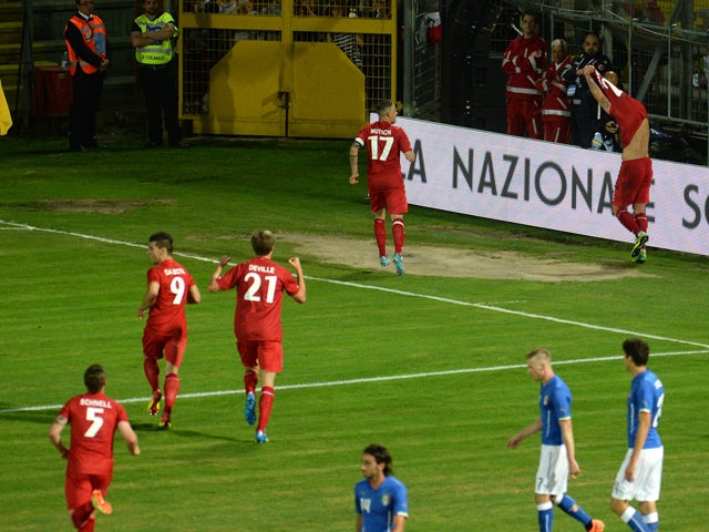 Maxime Chanot of Luxembourg celebrates after scoring his teams first goal during the international friendly match between Italy and Luxembourg on June 4, 2014