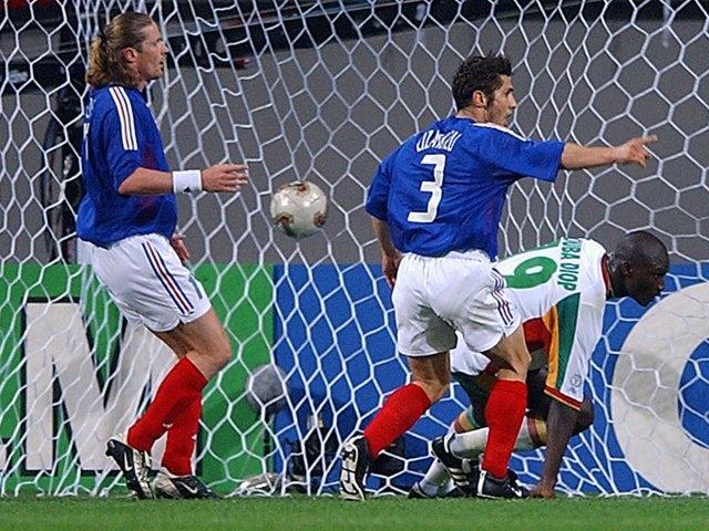 Papa Bouba Diop scores the only goal of the game for Senegal against France on May 31, 2002.
