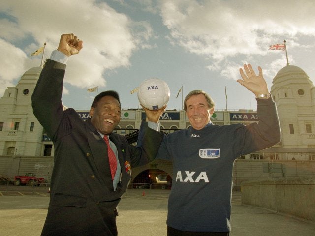 Brazil's Pele and England's Gordon Banks stand outside Wembley on October 30, 2000.