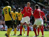 Peter Crouch celebrates scoring the first of his three goals for England against Jamaica on June 03, 2006.