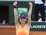 Romania's Simona Halep celebrates after winning her French tennis Open semi-final match against Germany's Andrea Petkovic at the Roland Garros stadium in Paris on June 5, 2014