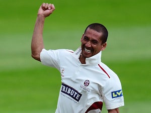 Alfonso Thomas of Somerset celebrates taking four wickets in four balls after dismissing Matt Machan of Sussex during day three of the LV County Championship on June 10, 2014