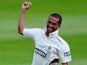 Alfonso Thomas of Somerset celebrates taking four wickets in four balls after dismissing Matt Machan of Sussex during day three of the LV County Championship on June 10, 2014