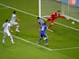 Sead Kolasinac of Bosnia and Herzegovina scores an own goal past goalkeeper Asmir Begovic as Ezequiel Garay and Federico Fernandez of Argentina look on during the 2014 FIFA World Cup Brazil Group F match between Argentina and Bosnia-Herzegovina at Maracan