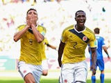 Teofilo Gutierrez of Colombia and Cristian Zapata celebrate after the second goal during the 2014 FIFA World Cup Brazil Group C match between Colombia and Greece at Estadio Mineirao on June 14, 2014