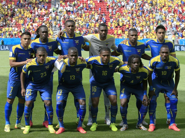 Members of Ecuador's national team pose for the team photo prior to the Group E football match between Switzerland and Ecuador at the Mane Garrincha National Stadium in Brasilia during the 2014 FIFA World Cup on June 15, 2014