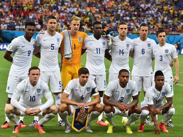 England's players prior to the football match between England and Italy at the Amazonia Arena in Manaus during the 2014 FIFA World Cup on June 14, 2014