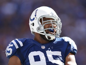 Fili Moala #95 of the Indianapolis Colts celebrates after a defensive stop against the Minnesota Vikings during the game at Lucas Oil Stadium on September 16, 2012