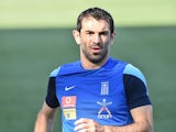 Greek national team midfielder Giorgios Karagounis takes part in a practice session in Chester, Pennsylvania, on June 2, 2014