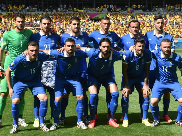 The Greece players prior to the group C football match between Colombia and Greece at the Mineirao Arena in Belo Horizonte during the 2014 FIFA World Cup on June 14, 2014