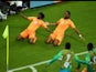 Gervinho of the Ivory Coast celebrates scoring his team's second goal with teammate Didier Drogba during the 2014 FIFA World Cup Brazil Group C match between the Ivory Coast and Japan at Arena Pernambuco on June 14, 2014