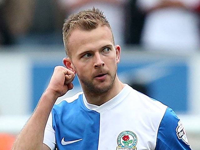 Jordan Rhodes of Blackburn Rovers celebrates his goal during the Sky Bet Championship match between Blackburn Rovers and Burnley at Ewood Park on March 9, 2014