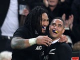 Ma'a Nonu of New Zealand celebrates his try with Aaron Smith during the International Test Match between the New Zealand All Blacks and England at Forsyth Barr Stadium on June 14, 2014