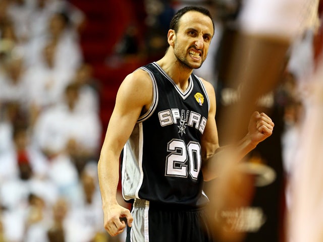 Manu Ginobili #20 of the San Antonio Spurs celebrates against the Miami Heat during Game Four of the 2014 NBA Finals at American Airlines Arena on June 12, 2014