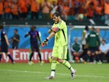 Spain's goalkeeper Iker Casillas walks back to his goal after Netherlands' forward Arjen Robben scored during a Group B football match between Spain and the Netherlands at the Fonte Nova Arena in Salvador during the 2014 FIFA World Cup on June 13, 2014