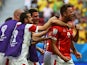 Switzerland's forward Haris Seferovic celebrates after scoring during a Group E football match between Switzerland and Ecuador at the Mane Garrincha National Stadium in Brasilia during the 2014 FIFA World Cup on June 15, 2014