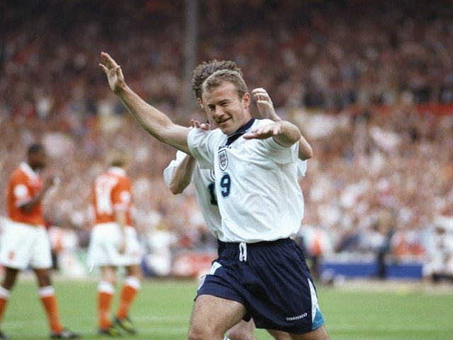 Alan Shearer celebrates scoring for England against Holland on June 18, 1996.