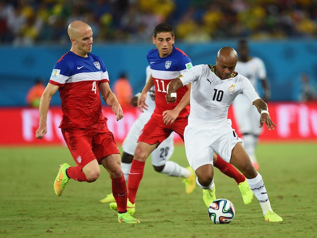 Andre Ayew of Ghana controls the ball against Michael Bradley of the United States during the 2014 FIFA World Cup Brazil Group G match on June 17, 2014