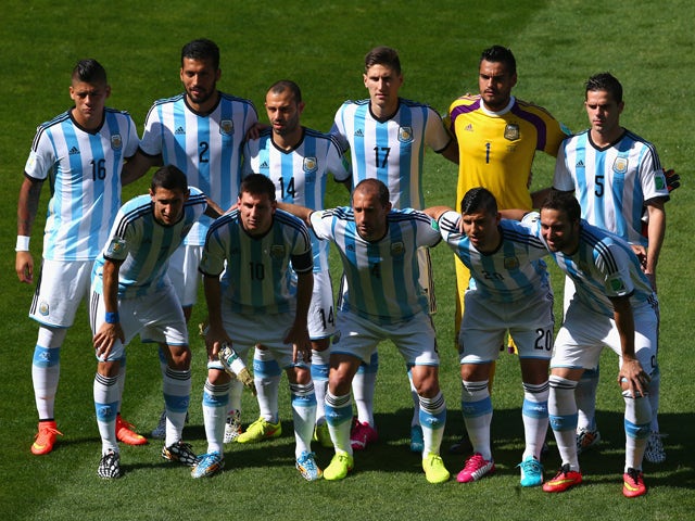 Argentina players pose for a team photo before the 2014 FIFA World Cup Brazil Group F match between Argentina and Iran at Estadio Mineirao on June 21, 2014