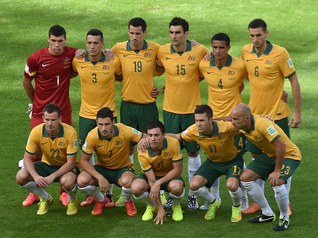 Members of the Australia national team pose prior to a Group B football match between Australia and the Netherlands at the Beira-Rio Stadium in Porto Alegre during the 2014 FIFA World Cup on June 18, 201