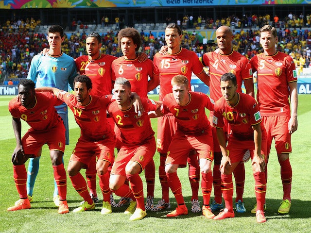Belgium players pose for a team photo before the 2014 FIFA World Cup Brazil Group H match between Belgium and Algeria at Estadio Mineirao on June 17, 2014