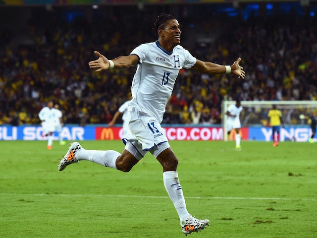 Carlo Costly of Honduras celebrates scoring his team's first goal during the 2014 FIFA World Cup Brazil Group E match against Ecuador on June 20, 2014