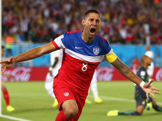 Clint Dempsey celebrates scoring for the USA in the first minute of their encounter with Ghana on June 16, 2014.