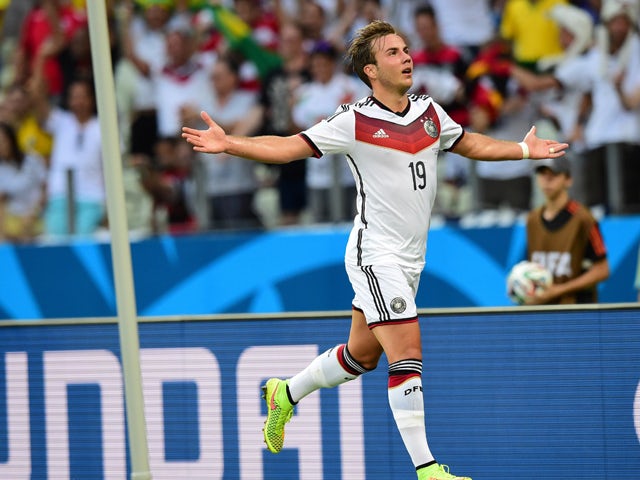 Germany's forward Mario Gotze celebrates after scoring during a Group G football match between Germany and Ghana at the Castelao Stadium in Fortaleza during the 2014 FIFA World Cup on June 21, 2014