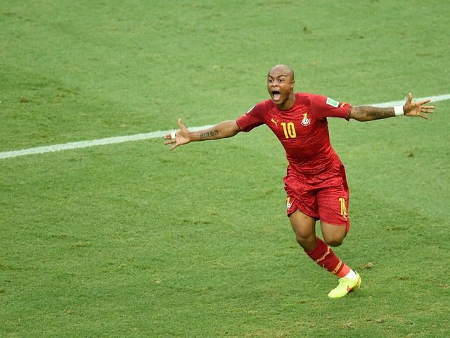 Ghana's midfielder Andre Ayew celebrates after scoring during a Group G football match between Germany and Ghana at the Castelao Stadium in Fortaleza during the 2014 FIFA World Cup on June 21, 2014