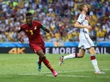 Asamoah Gyan of Ghana celebrates scoring his team's second goal during the 2014 FIFA World Cup Brazil Group G match between Germany and Ghana at Castelao on June 21, 2014