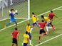 Guillermo Ochoa of Mexico makes a save after a header by Thiago Silva of Brazil during the World Cup Group A match in Fortaleza on June 17, 2014