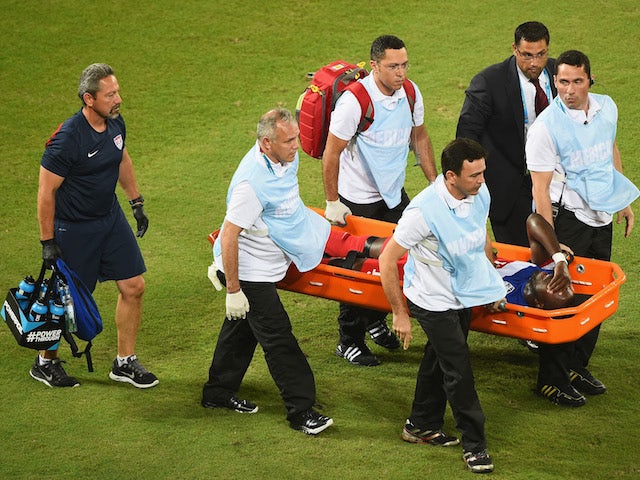 Jozy Altidore of the United States is stretchered off the field after an injury during the 2014 FIFA World Cup Brazil Group G match on June 17, 2014