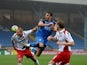Lee Gregory of Halifax Town rises for a header with MIchael Morrison of Charlton during the FA Cup sponsored by Budweiser First Round match between Halifax Town and Charlton Athletic at the Shay on November 13, 2011