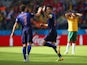 Robin van Persie of the Netherlands celebrates with Daryl Janmaat after scoring the second goal during the 2014 FIFA World Cup Brazil Group B match between Australia and Netherlands at Estadio Beira-Rio on June 18, 2014