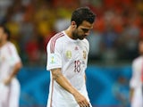 A dejected Cesc Fabregas of Spain looks on during the 2014 FIFA World Cup Brazil Group B match between Spain and Netherlands at Arena Fonte Nova on June 13, 2014