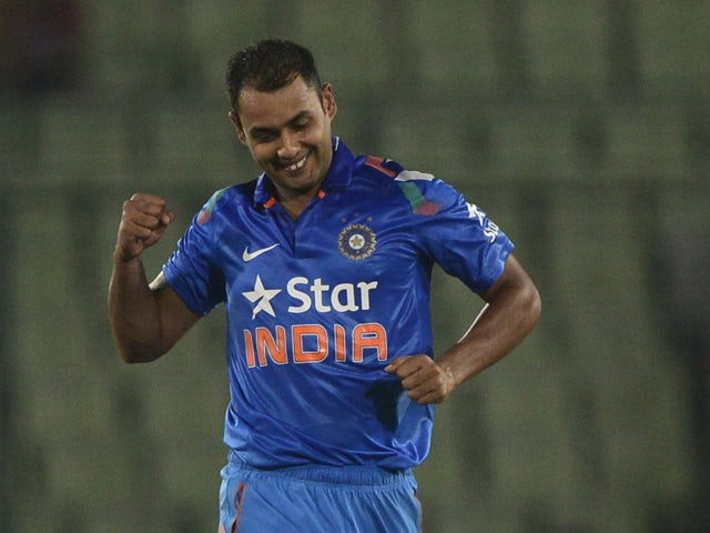 Indian cricketer Stuart Binny reacts after the dismissal of Bangladeshi cricketer Al-Amin Hossain during the second One Day International (ODI) cricket match between India and Bangladesh at the Sher-e-Bangla National Cricket Stadium in Dhaka on June 17, 2