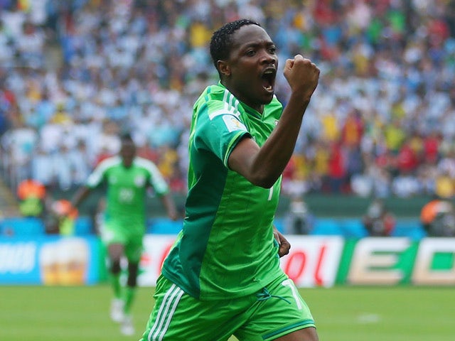 Ahmed Musa of Nigeria celebrates scoring his team's first goal during the 2014 FIFA World Cup Brazil Group F match against Argentina on June 25, 2014