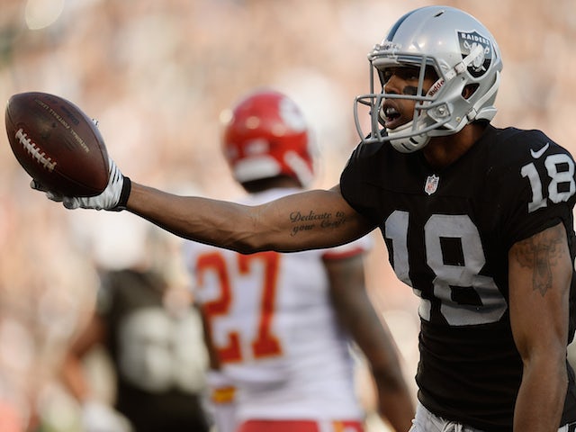  Andre Holmes #18 of the Oakland Raiders celebrates after catching a six yard touchdown pass against the Kansas City Cheifs on December 15, 2013