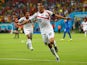 Bryan Ruiz of Costa Rica celebrates scoring his team's first goal during the 2014 FIFA World Cup Brazil Round of 16 match between Costa Rica and Greece at Arena Pernambuco on June 29, 2014 